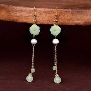 Vintage Green Jade Earrings Flower Long Dangle Earrings - Zealer