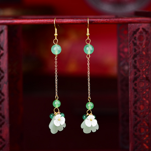 Vintage Green Jade Earrings Flower Long Dangle Earrings - Zealer