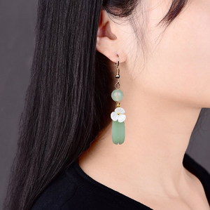 Vintage Green Jade Earrings Flower Long Dangle Earrings - Zealer