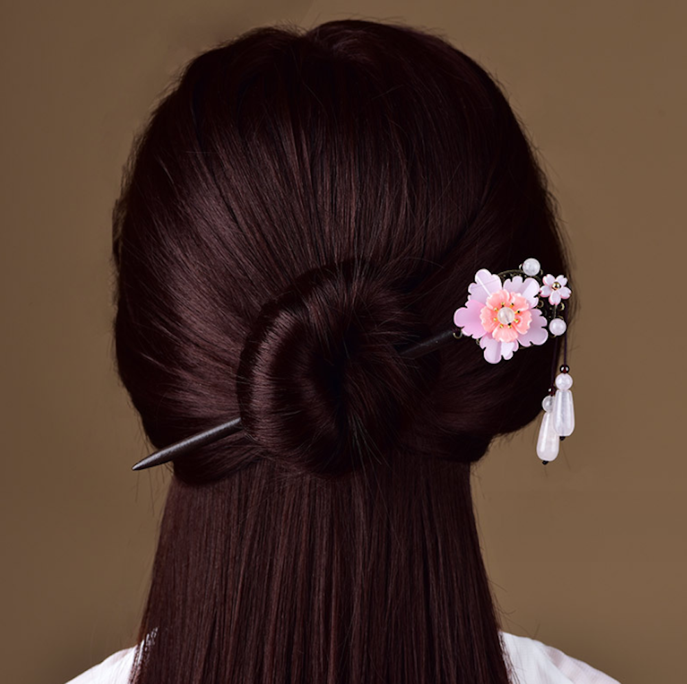 Vintage Yellow / Pink Jade Flower Wood Hair Stick Minimalist Tassels Hair Stick Hair Holder - Zealer