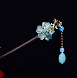 Vintage Blue Glaze Flower Wood Hair Stick Minimalist Tassels Hair Stick Hair Holder - Zealer