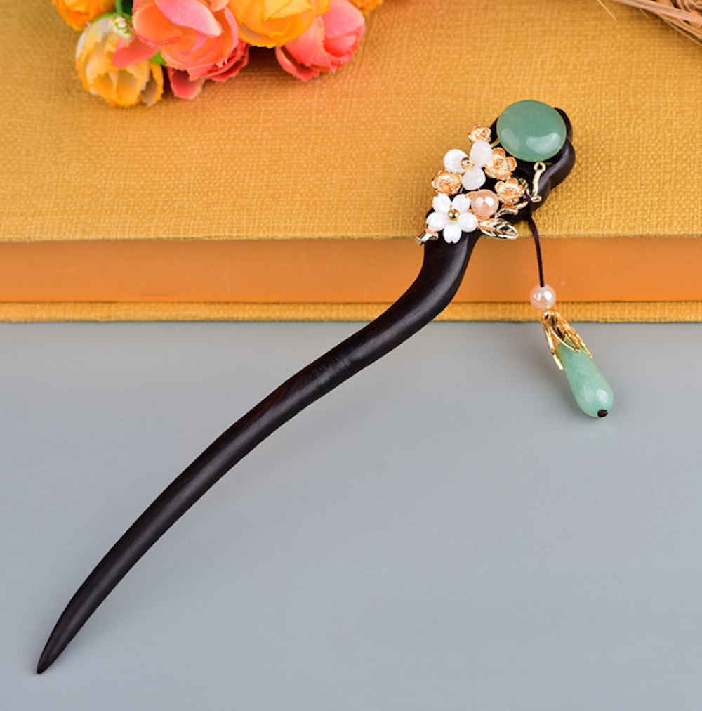 Vintage Green Jade Flower Wood Hair Stick Minimalist Tassels Hair Stick Hair Holder - Zealer