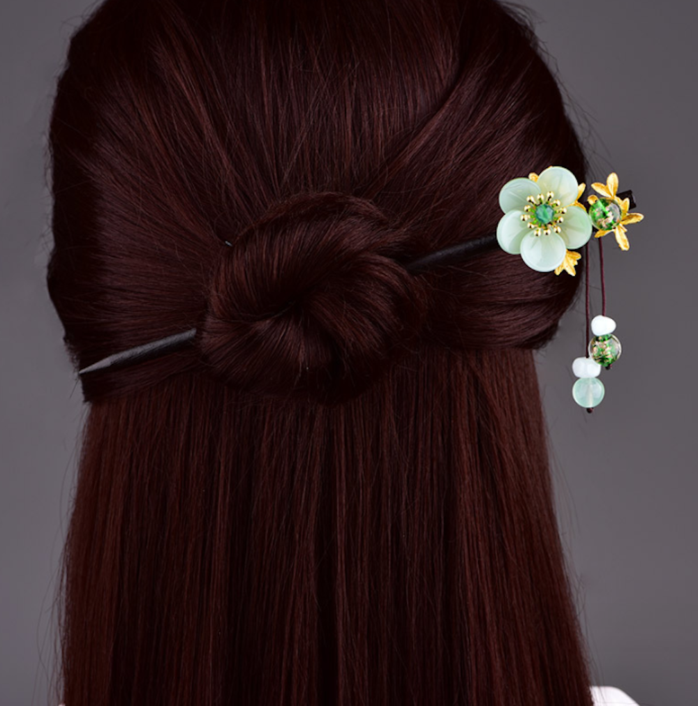 Vintage Green Glaze Flower Wood Hair Stick Minimalist Tassels Hair Stick Hair Holder - Zealer