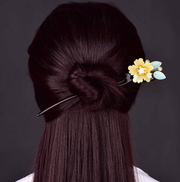 Vintage Yellow Glaze Flower Wood Hair Stick Minimalist Hair Stick Hair Holder - Zealer
