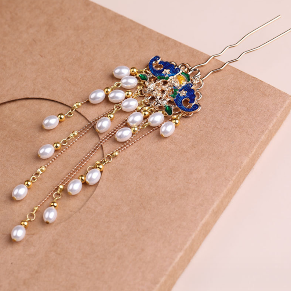 Vintage Blue Flower U Shape Hair Stick Minimalist Tassels Hair Stick Hair Holder - Zealer