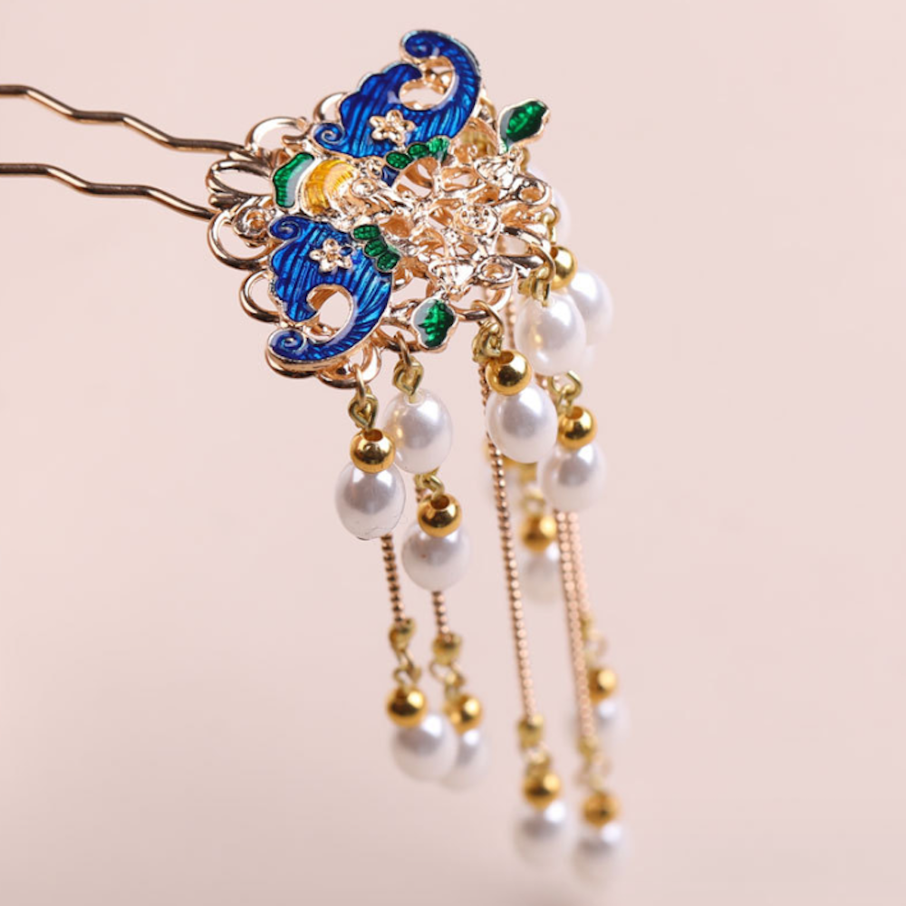 Vintage Blue Flower U Shape Hair Stick Minimalist Tassels Hair Stick Hair Holder - Zealer