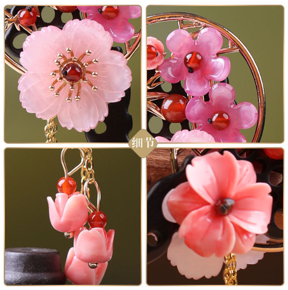 Vintage Pink Flower Agate Wood Hair Stick Minimalist Tassels Hair Stick Hair Holder - Zealer