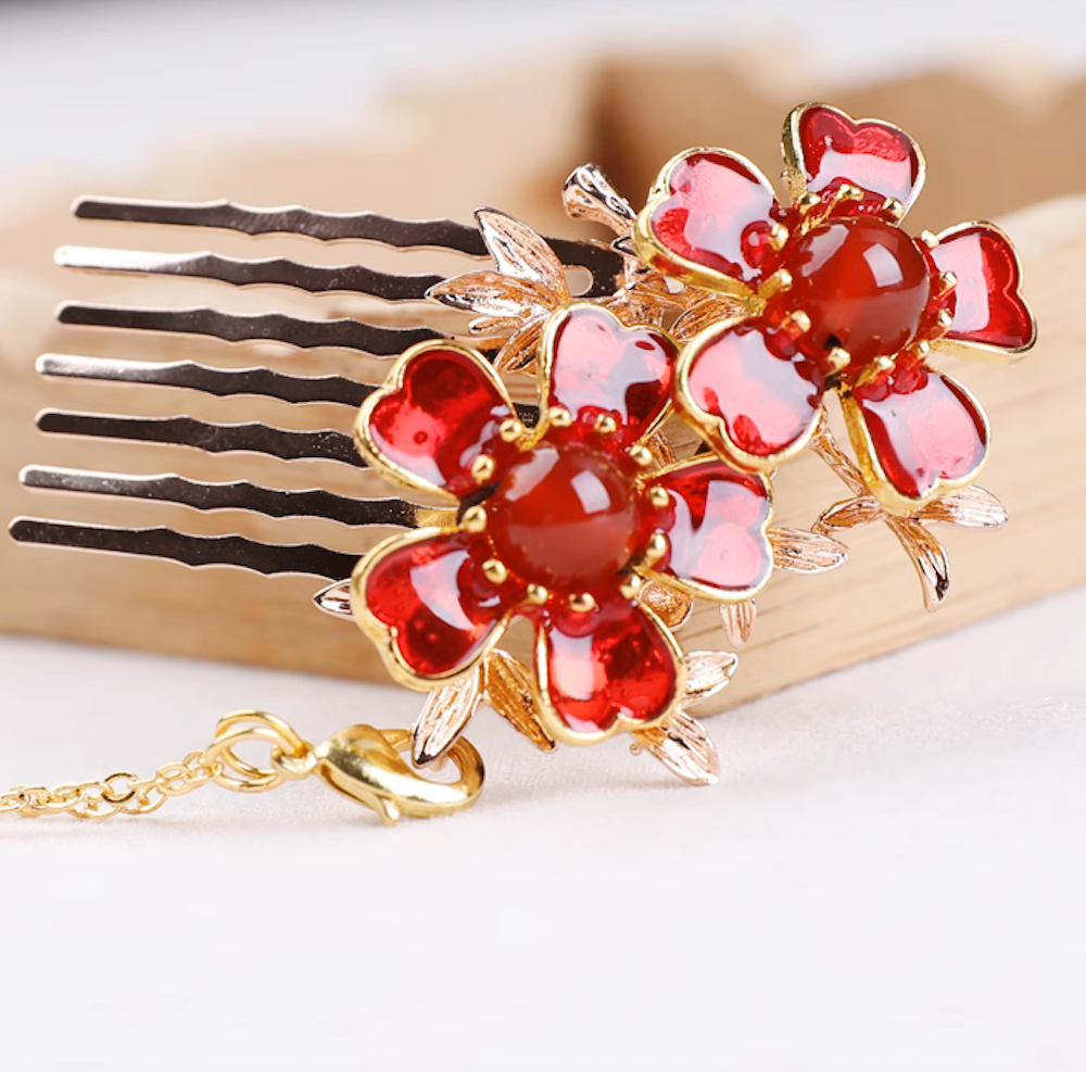 Vintage Red Flower Comb Shape Hair Stick Minimalist Tassels Hair Stick Hair Holder - Zealer