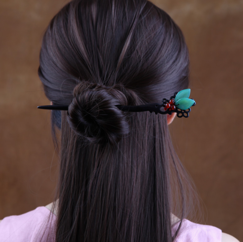 Vintage Green Leaves Ebony Wood Hair Stick Minimalist Hair Stick Hair Holder - Zealer