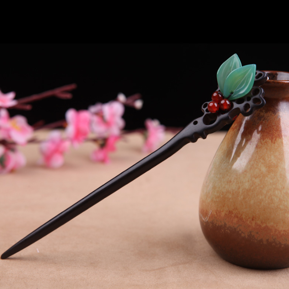 Vintage Green Leaves Ebony Wood Hair Stick Minimalist Hair Stick Hair Holder - Zealer