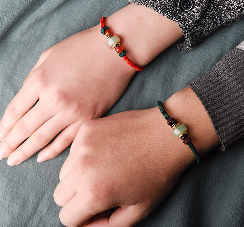 Green Jade Bead Chinese Rope Bracelet Statement Bracelet Infinity Charm Bracelet Couple Bracelet Unique Gift - Zealer