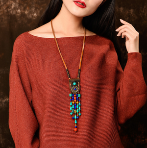 Vintage Colorful Beads Tassels Necklace Leather Necklace - Zealer