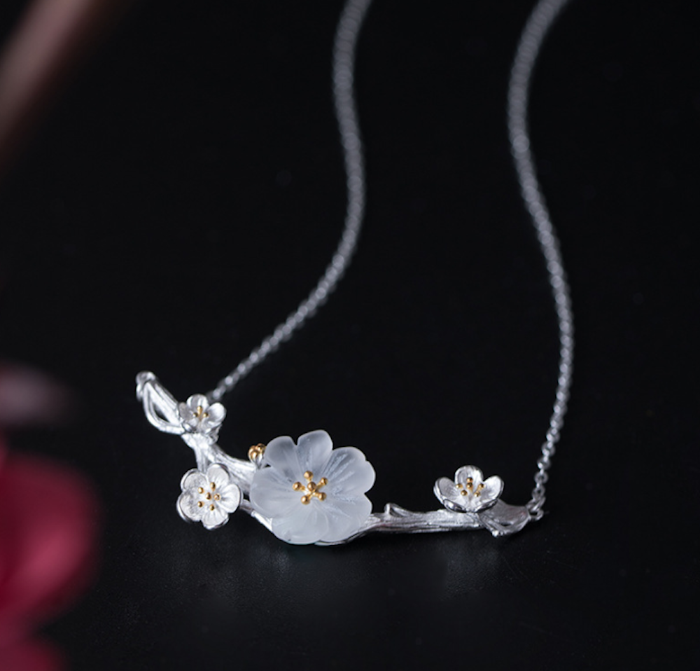 Vintage Plum Blossom Flower Necklace 925 Silver Necklace
