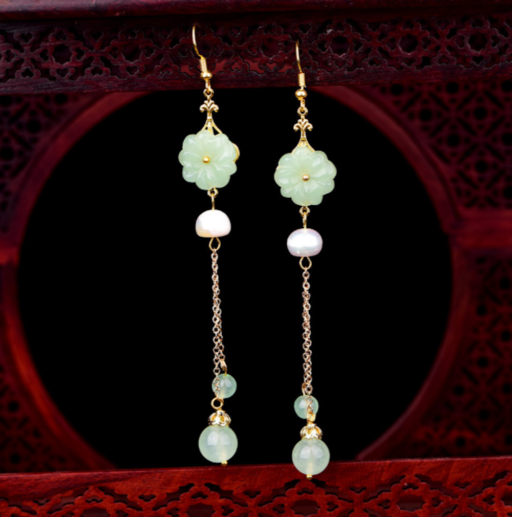 Vintage Green Jade Earrings Flower Long Dangle Earrings - Zealer