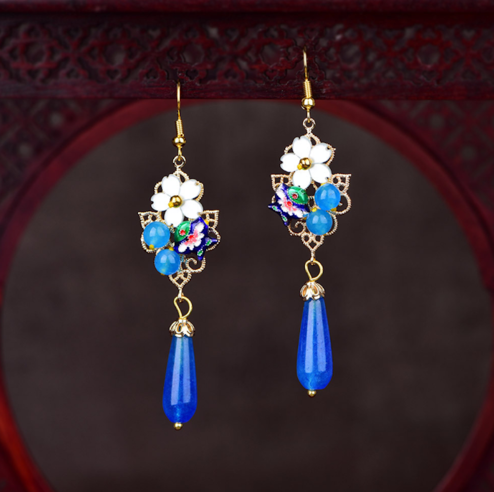 Vintage Blue Jade Earrings Flower Long Dangle Earrings