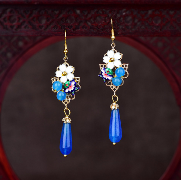 Vintage Blue Jade Earrings Flower Long Dangle Earrings