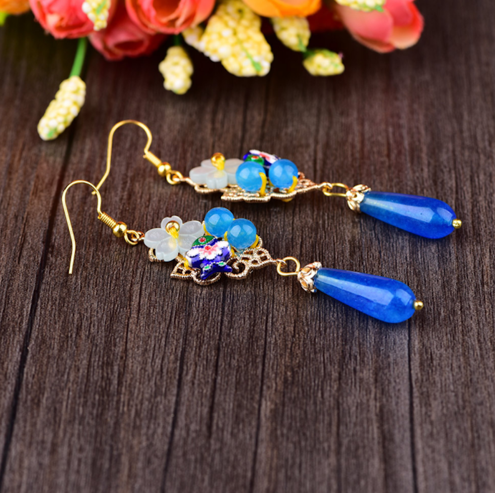 Vintage Blue Jade Earrings Flower Long Dangle Earrings - Zealer