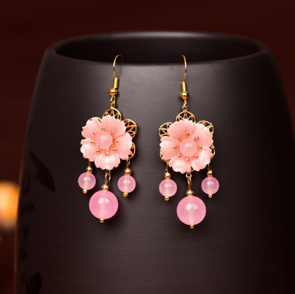 Vintage Pink Jade Earrings Flower Long Dangle Earrings
