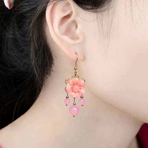 Vintage Pink Jade Earrings Flower Long Dangle Earrings