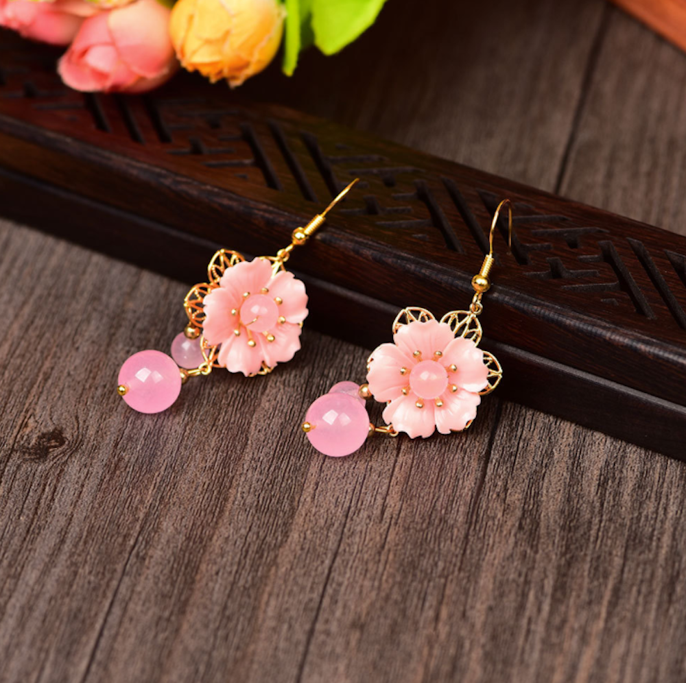 Vintage Pink Jade Earrings Flower Long Dangle Earrings - Zealer