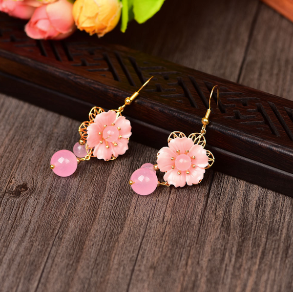 Vintage Pink Jade Earrings Flower Long Dangle Earrings