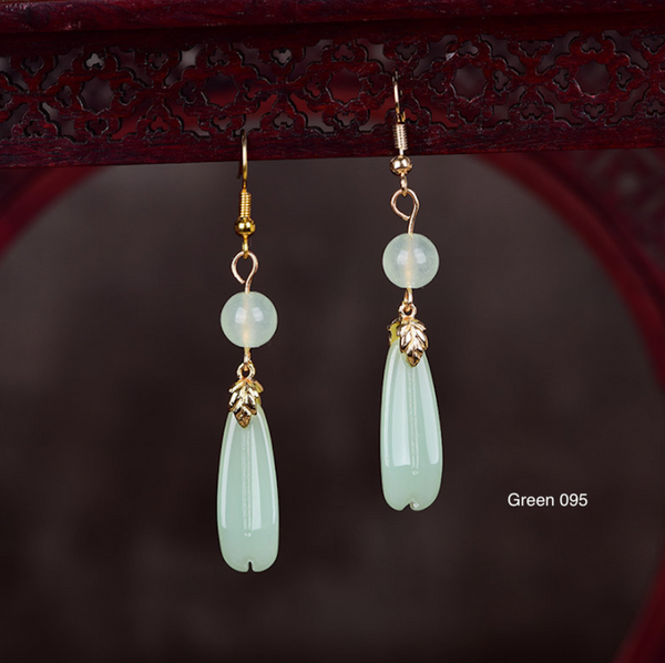 Vintage Green Jade Earrings Flower Long Dangle Earrings