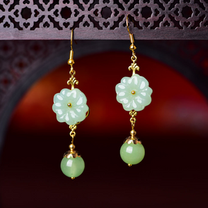 Vintage Green Jade Earrings Flower Long Dangle Earrings - Zealer