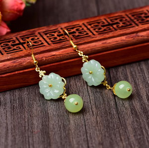 Vintage Green Jade Earrings Flower Long Dangle Earrings - Zealer
