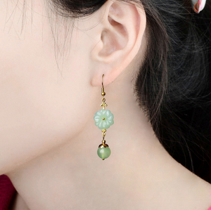 Vintage Green Jade Earrings Flower Long Dangle Earrings - Zealer