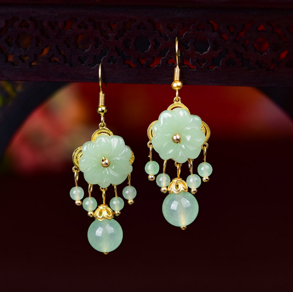 Vintage Green / Pink Jade Earrings Flower Long Dangle Earrings