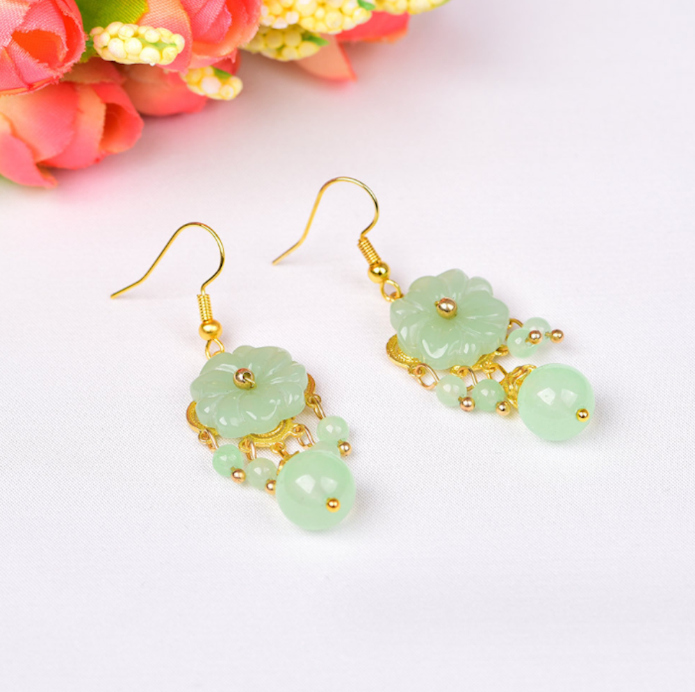 Vintage Green / Pink Jade Earrings Flower Long Dangle Earrings - Zealer