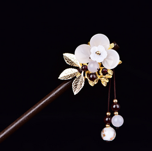 Vintage White Flower Gold Leaves Wood Hair Stick Minimalist Tassels Hair Stick Hair Holder - Zealer