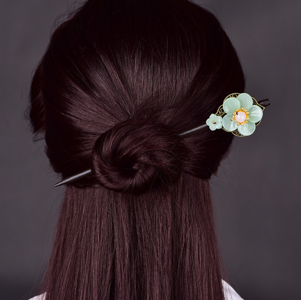 Vintage Green / Pink / White Flower Wood Hair Stick Minimalist Hair Stick Hair Holder