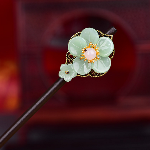 Vintage Green / Pink / White Flower Wood Hair Stick Minimalist Hair Stick Hair Holder