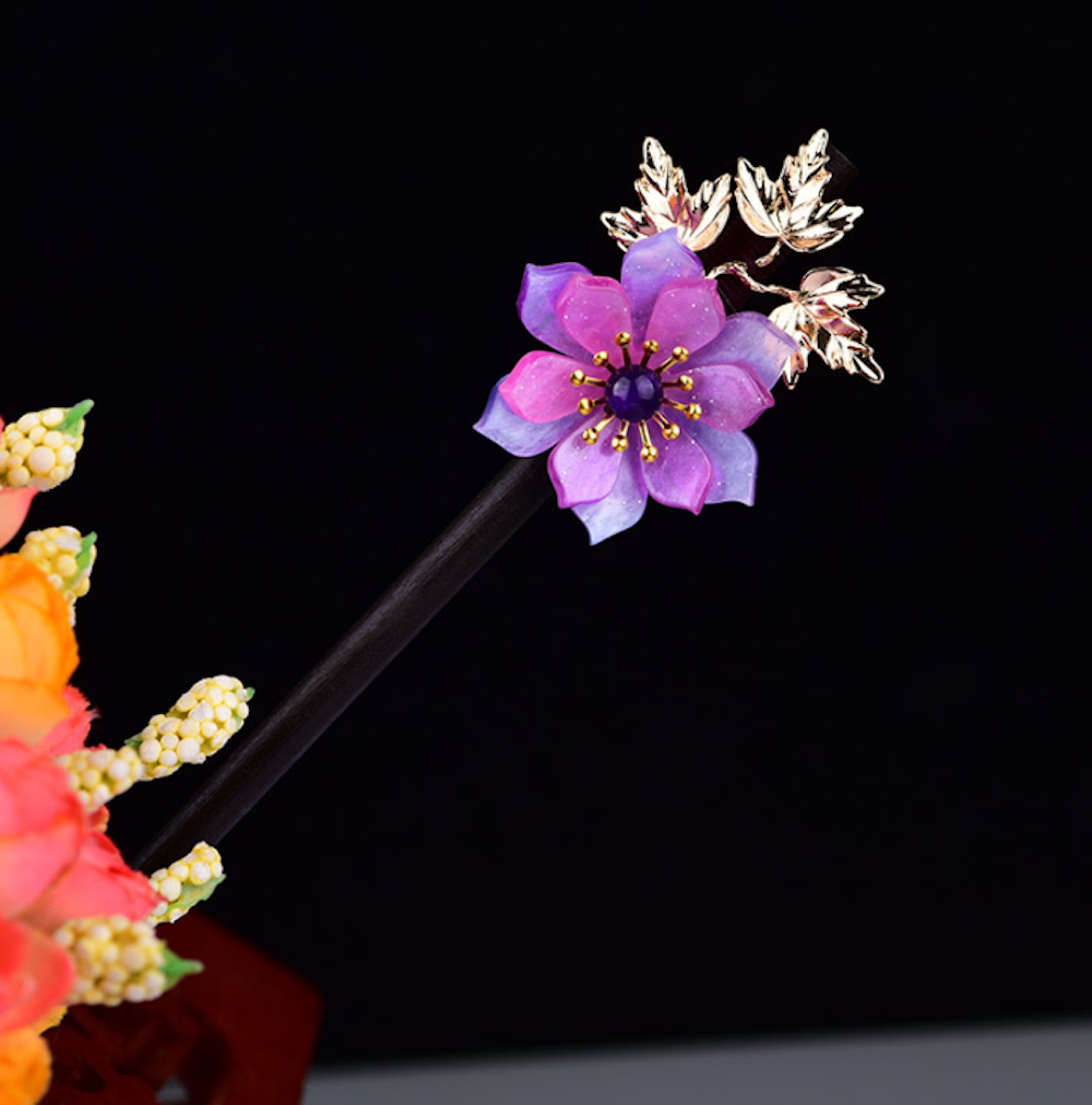 Vintage Purple Flower Wood Hair Stick Minimalist Hair Stick Hair Holder