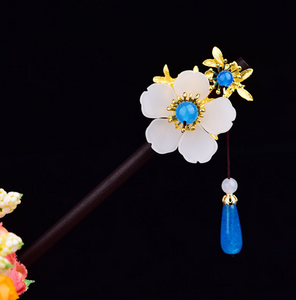 Vintage White Glaze Flower Wood Hair Stick Minimalist Tassels Hair Stick Hair Holder