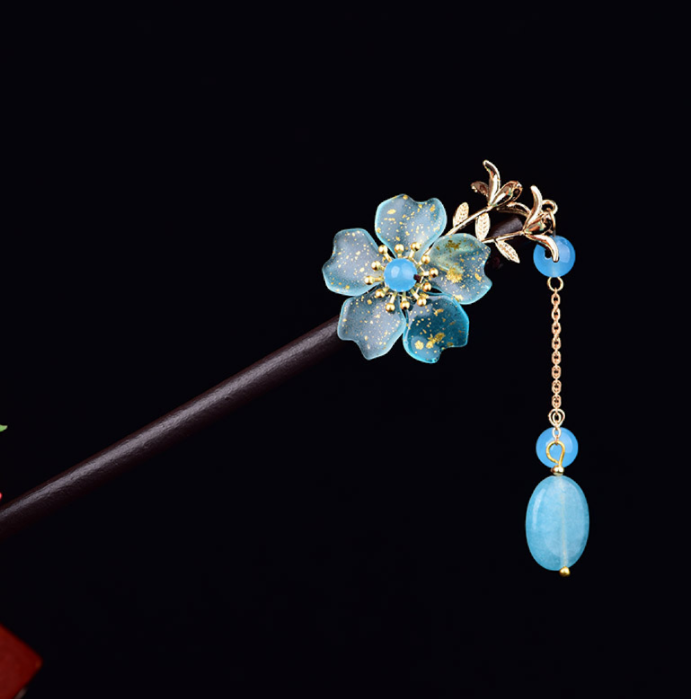 Vintage Blue Glaze Flower Wood Hair Stick Minimalist Tassels Hair Stick Hair Holder