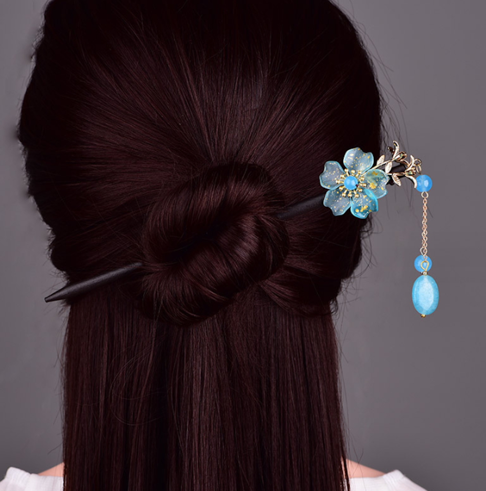Vintage Blue Glaze Flower Wood Hair Stick Minimalist Tassels Hair Stick Hair Holder - Zealer