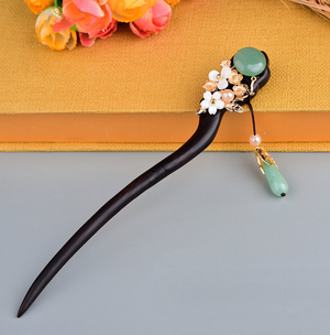 Vintage Green Jade Flower Wood Hair Stick Minimalist Tassels Hair Stick Hair Holder - Zealer