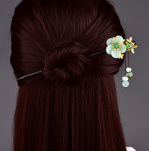 Vintage Green Glaze Flower Wood Hair Stick Minimalist Tassels Hair Stick Hair Holder - Zealer