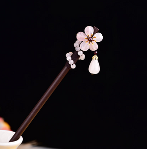 Vintage Pink Jade Flower Wood Hair Stick Minimalist Tassels Hair Stick Hair Holder