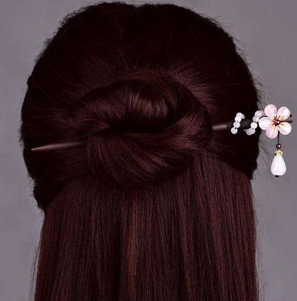 Vintage Pink Jade Flower Wood Hair Stick Minimalist Tassels Hair Stick Hair Holder