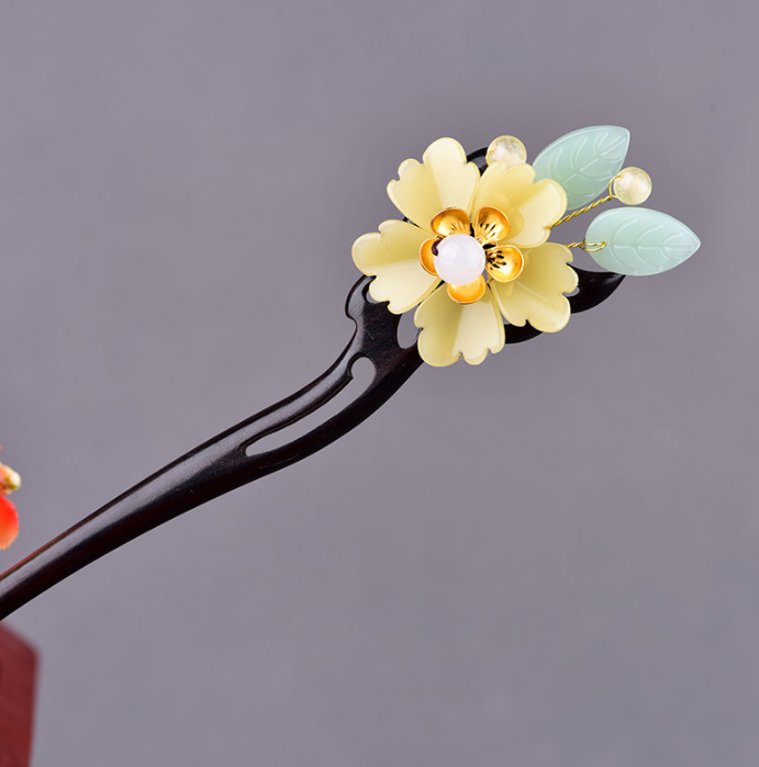 Vintage Yellow Glaze Flower Wood Hair Stick Minimalist Hair Stick Hair Holder