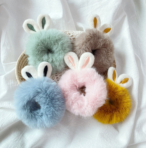 Faux Fur Hair Tie Scrunchie 4 PACK Fluffy Hair Clip Furry Scrunchies Rabbit Ears Tie Bunny Ears Hair Tie
