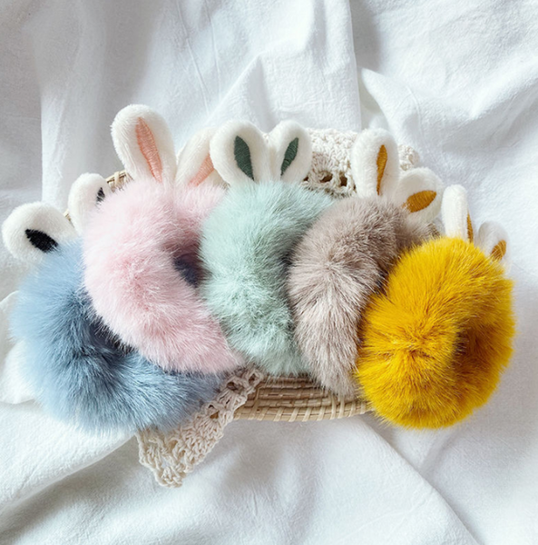 Faux Fur Hair Tie Scrunchie 4 PACK Fluffy Hair Clip Furry Scrunchies Rabbit Ears Tie Bunny Ears Hair Tie