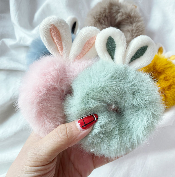 Faux Fur Hair Tie Scrunchie 4 PACK Fluffy Hair Clip Furry Scrunchies Rabbit Ears Tie Bunny Ears Hair Tie