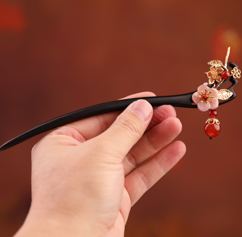 Vintage Red Agate Flower Wood Hair Stick Minimalist Tassels Hair Stick Hair Holder
