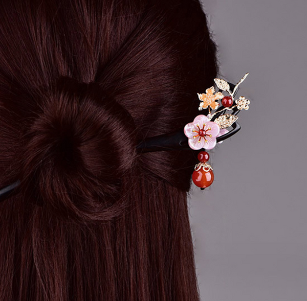 Vintage Red Agate Flower Wood Hair Stick Minimalist Tassels Hair Stick Hair Holder