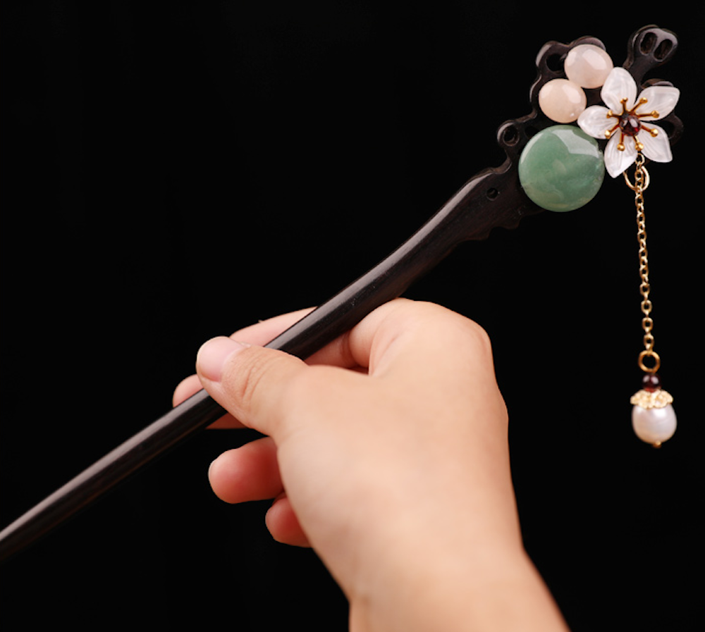 Vintage Green Jade Flower Wood Hair Stick Minimalist Tassels Hair Stick Hair Holder - Zealer