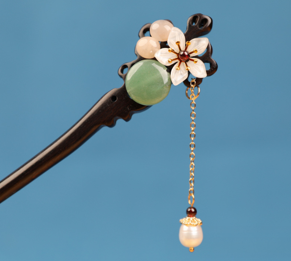 Vintage Green Jade Flower Wood Hair Stick Minimalist Tassels Hair Stick Hair Holder - Zealer